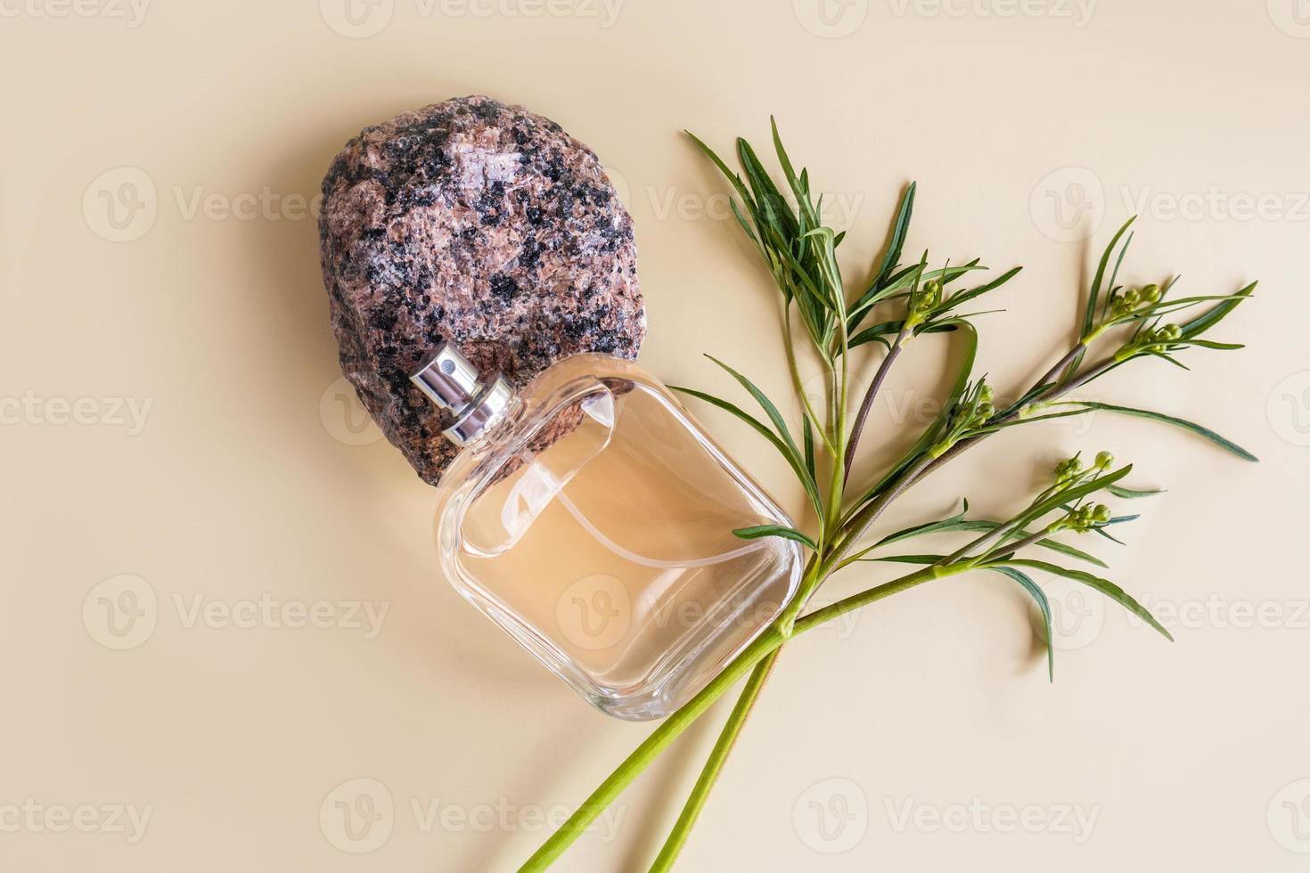 uma linda garrafa de vidro com perfume masculino ou água de toalete fica sobre um granito de pedra sobre um fundo bege com plantas verdes. fragrância de apresentação. foto