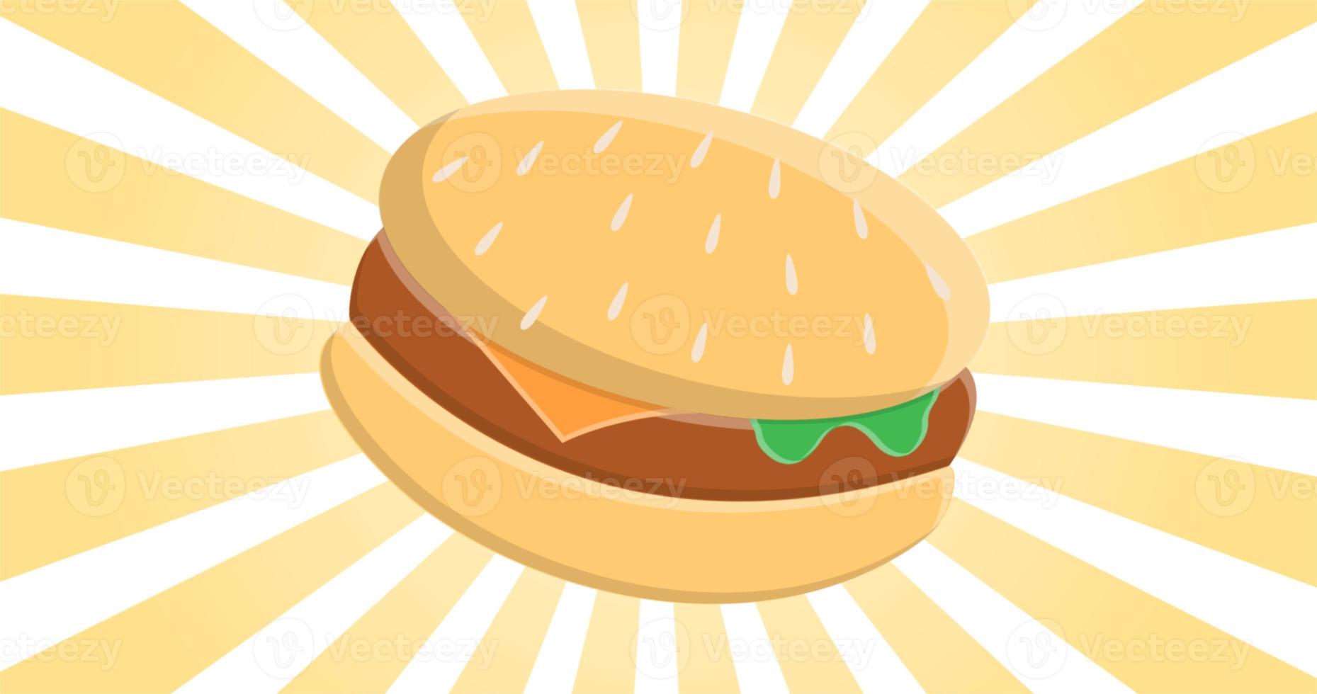 delicioso hambúrguer apetitoso no fundo de raios abstratos amarelos foto