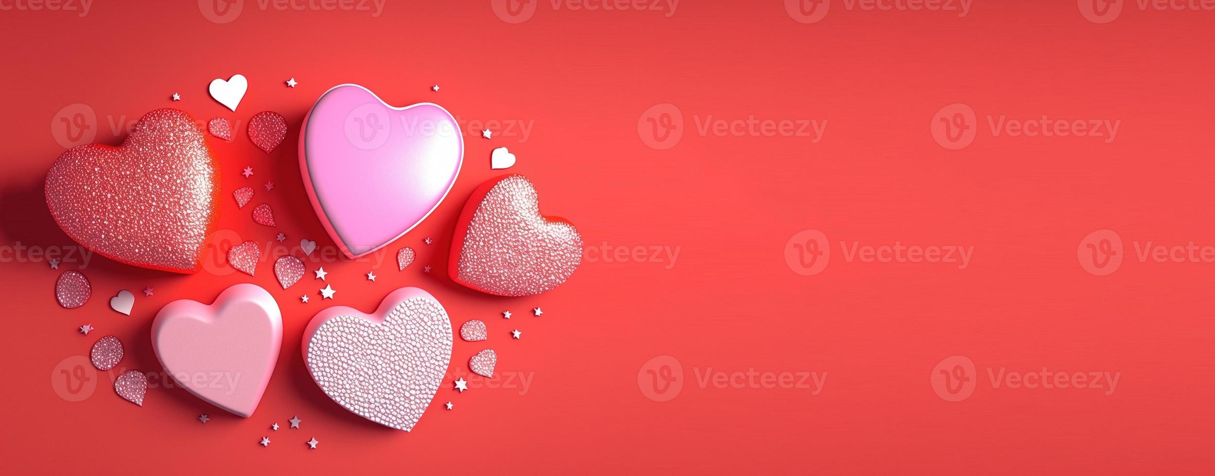 ilustração de coração 3d do dia dos namorados e banner e plano de fundo do tema de cristal de diamante foto