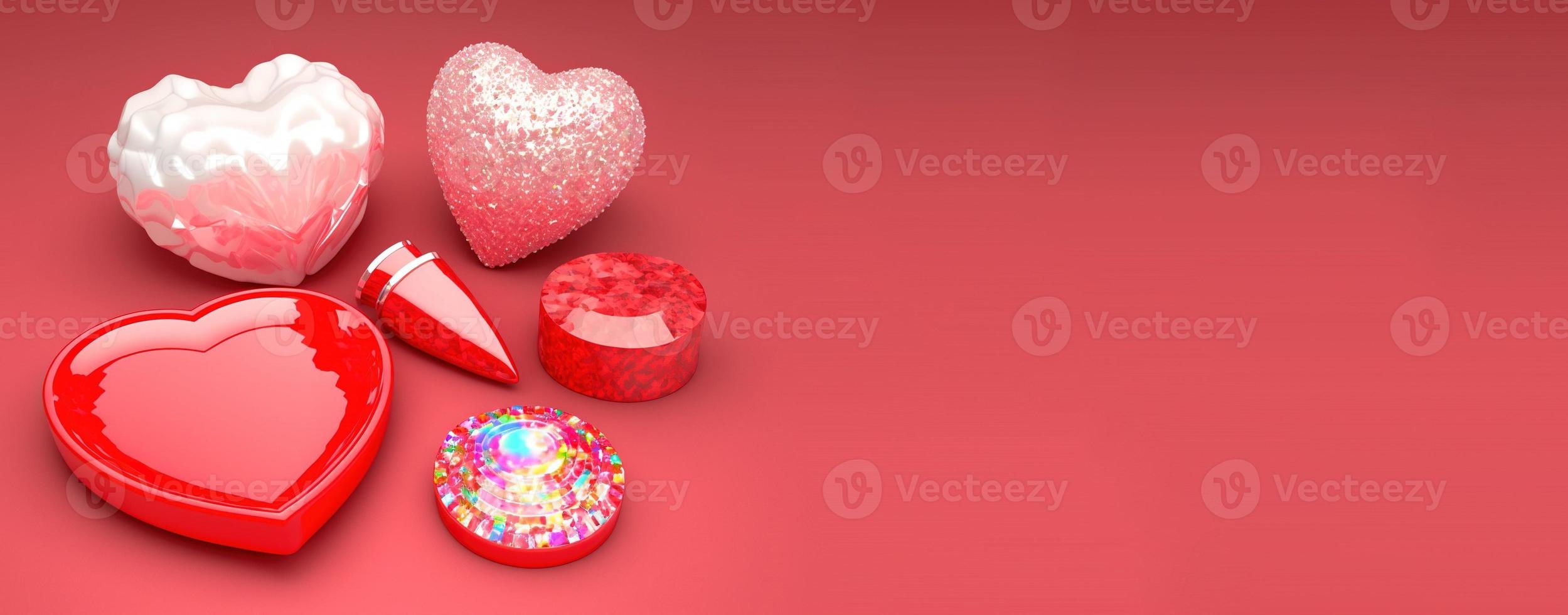 dia dos namorados design de ilustração 3d coração diamante e banner com tema de cristal e plano de fundo foto