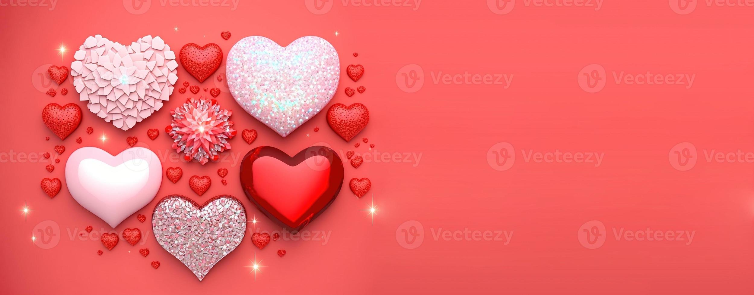 fundo de banner do dia dos namorados. espumante forma de coração 3d com ilustração de diamante e cristal foto