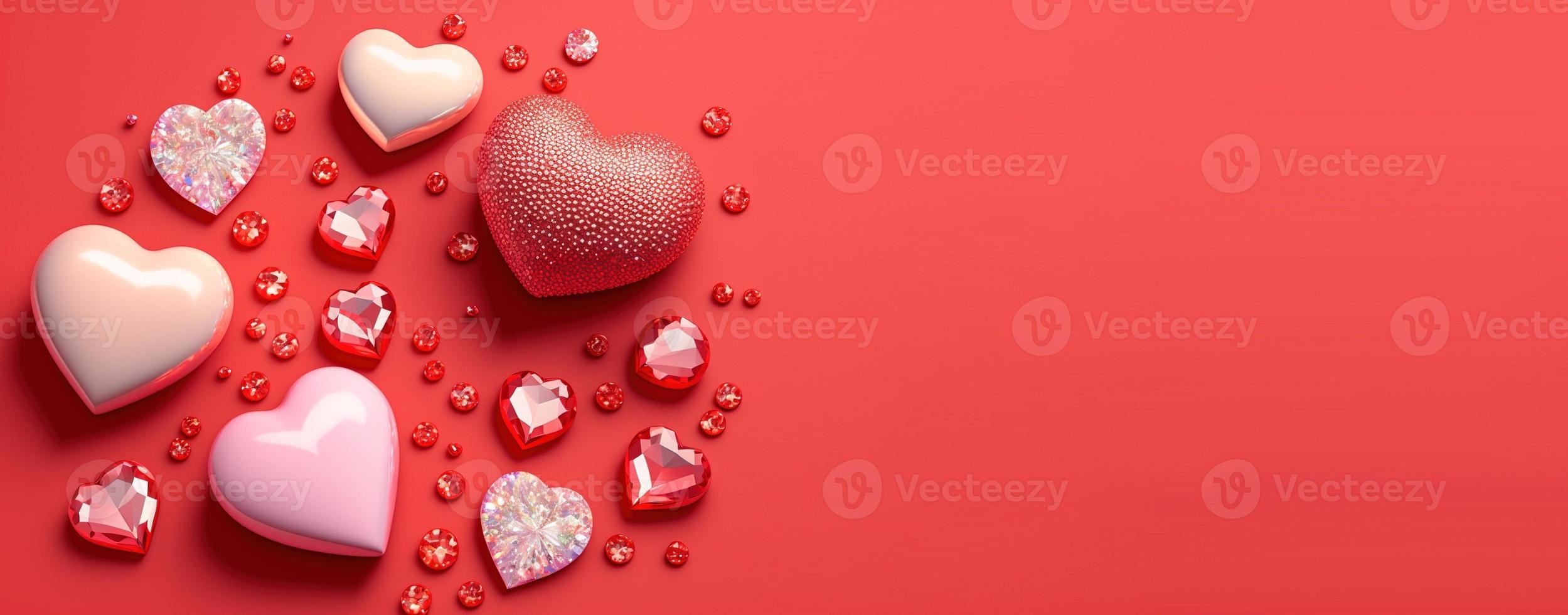 forma de coração 3d cintilante, diamante e design de cristal para plano de fundo e banner do dia dos namorados foto
