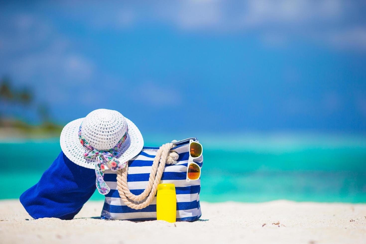 bolsa de praia com óculos de sol, protetor solar e chapéu foto