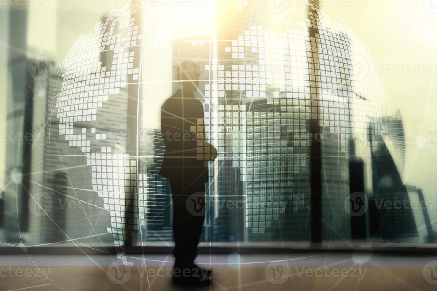 Holograma de terra 3D no conceito de negócios e comunicação de background.global turva. foto