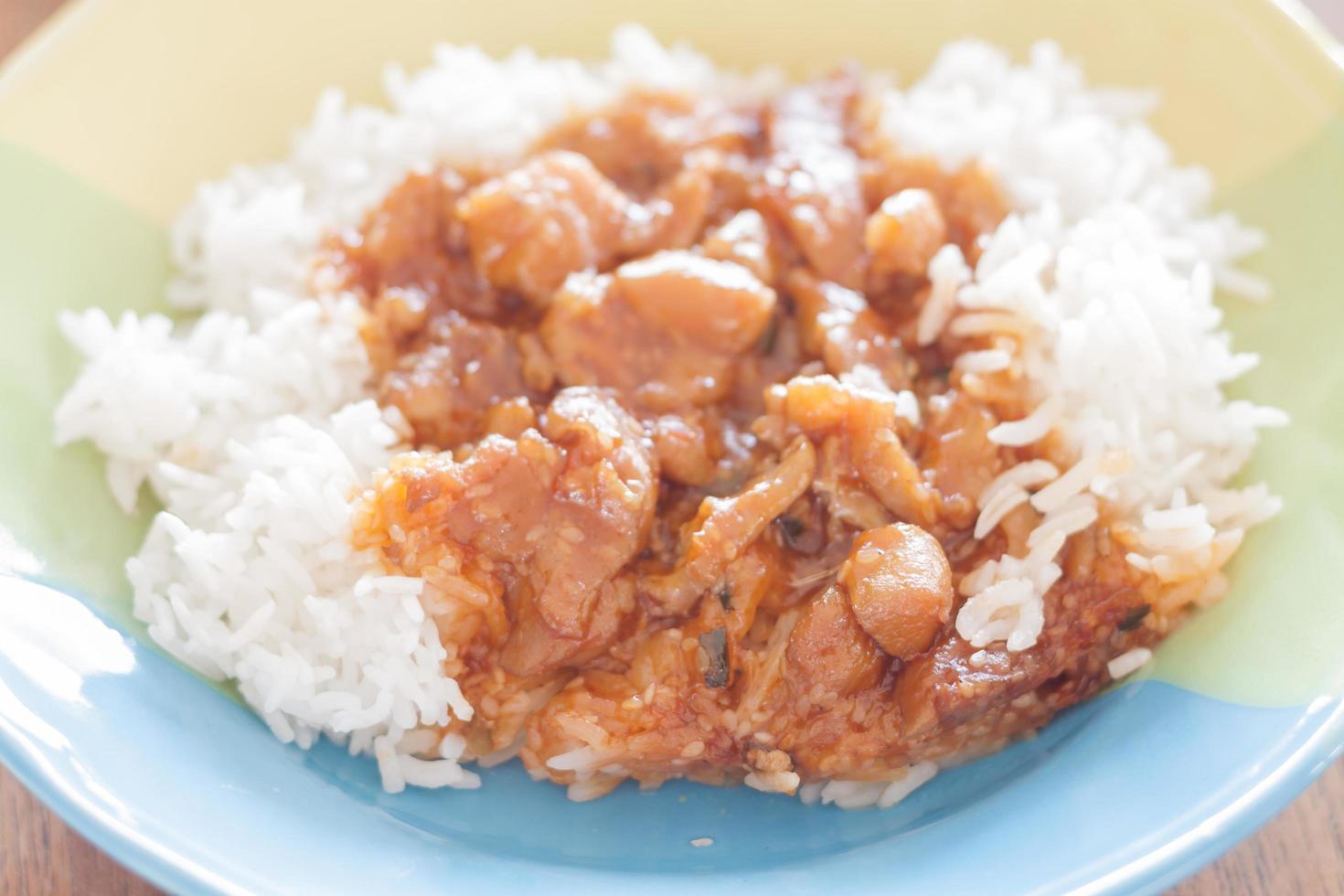 carne de porco mexida com molho de arroz no topo foto