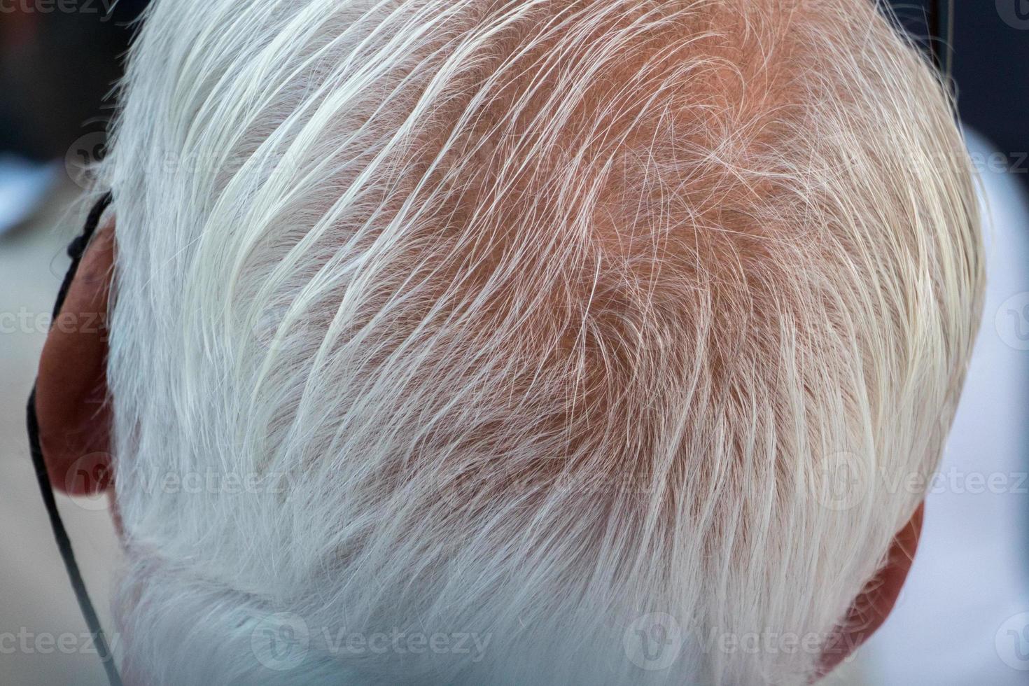 detalhe dos cabelos brancos do homem mais velho foto