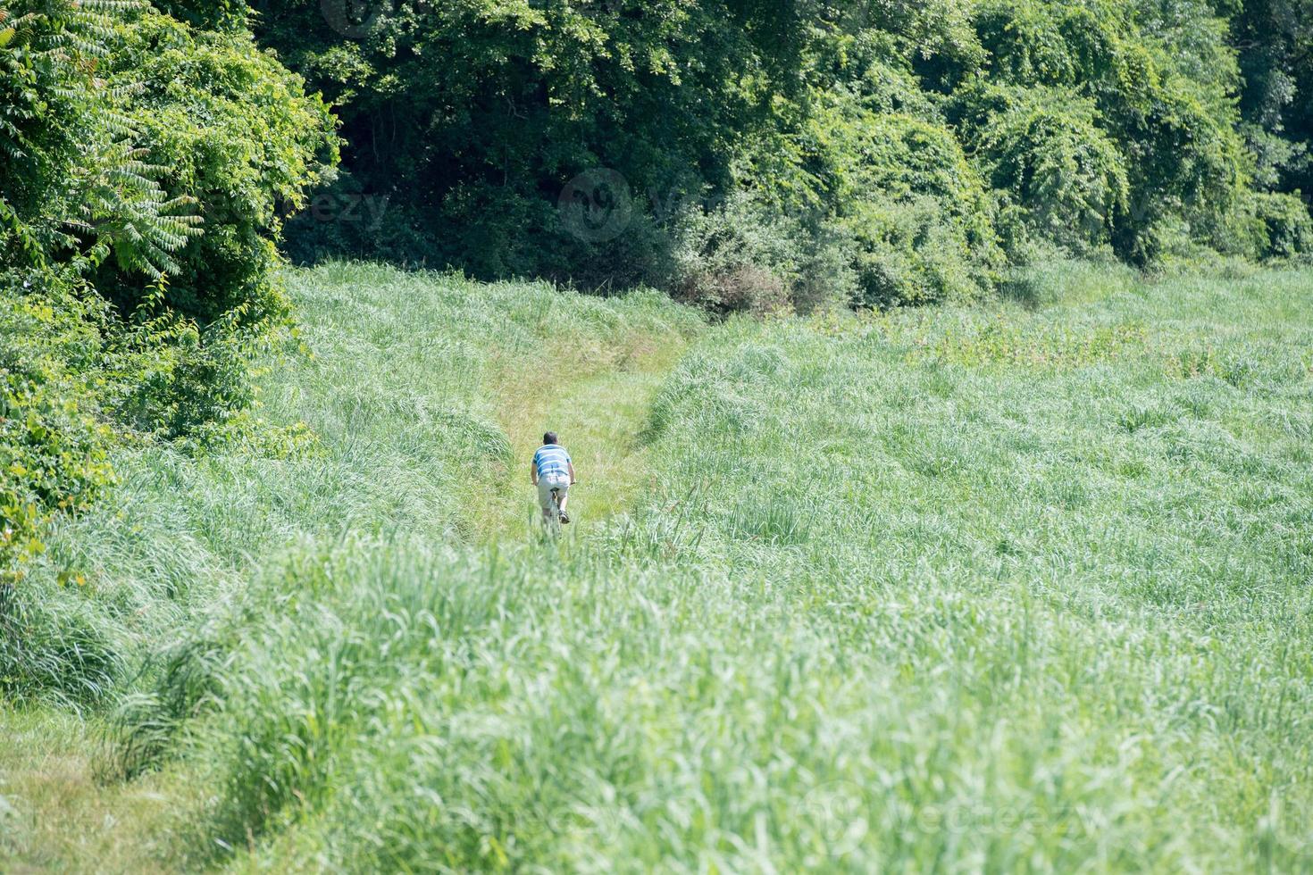 homem andando de bicicleta no fundo da grama para a floresta foto