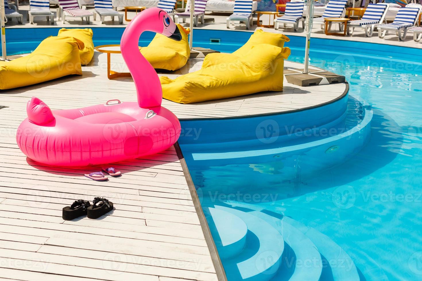 o círculo inflável. flamingo rosa e abacaxi. verão. piscina. Parque aquático foto