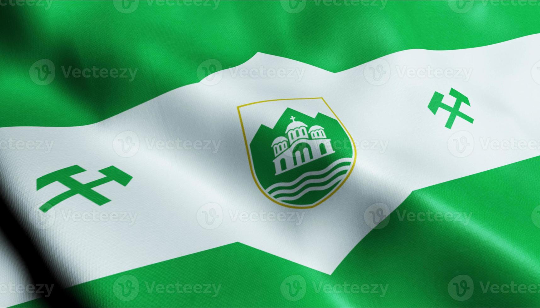 3d acenando a bandeira da cidade da macedônia do norte de probistip vista de perto foto