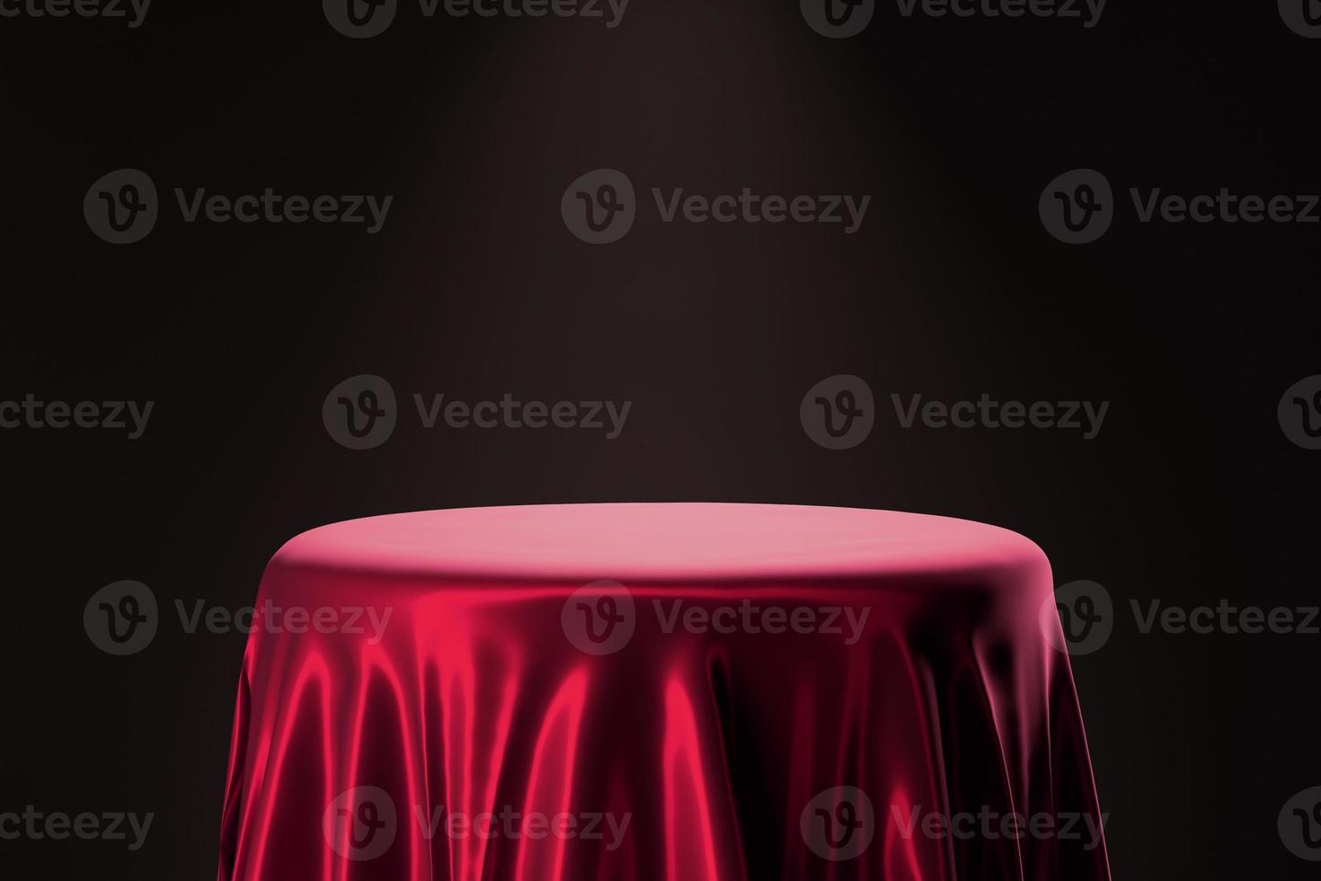 pano de cetim vermelho na mesa de pódio circular para exibição de produtos de luxo elegante com ilustração de renderização 3d de fundo volumétrico escuro foto