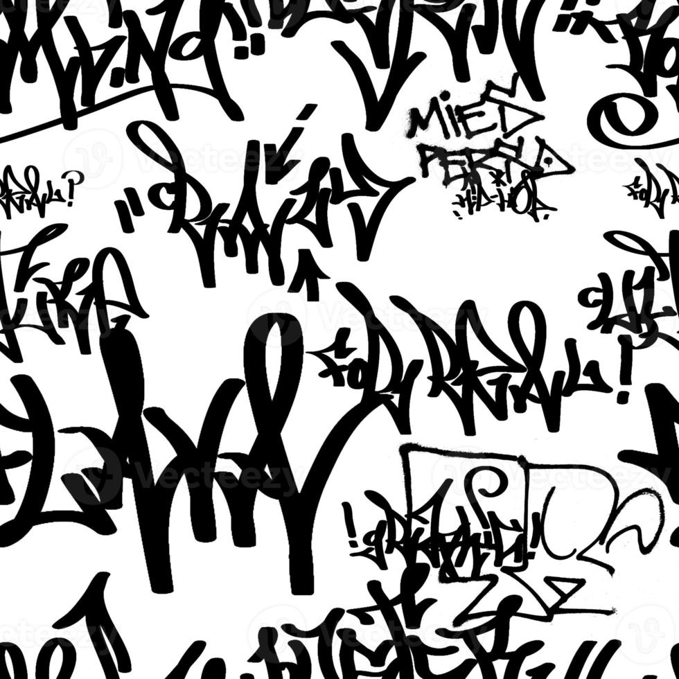 padrão sem emenda de grafite com rótulos abstratos, letras sem sentido. textura desenhada à mão de moda, estilo retrô de arte de rua, design da velha escola para camiseta, têxtil, papel de embrulho, preto e branco foto