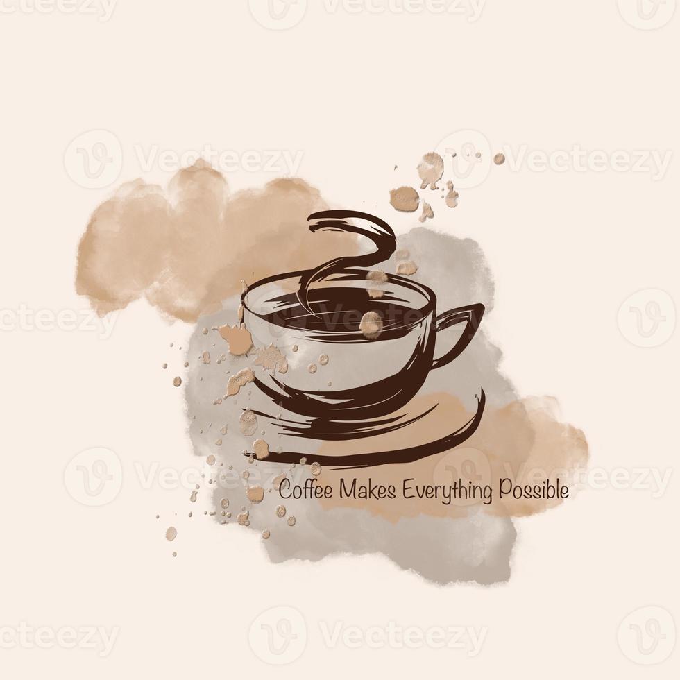 impressão de café de ilustração em aquarela, moldura para uma loja ou cozinha, xícara de café e slogan de café. foto