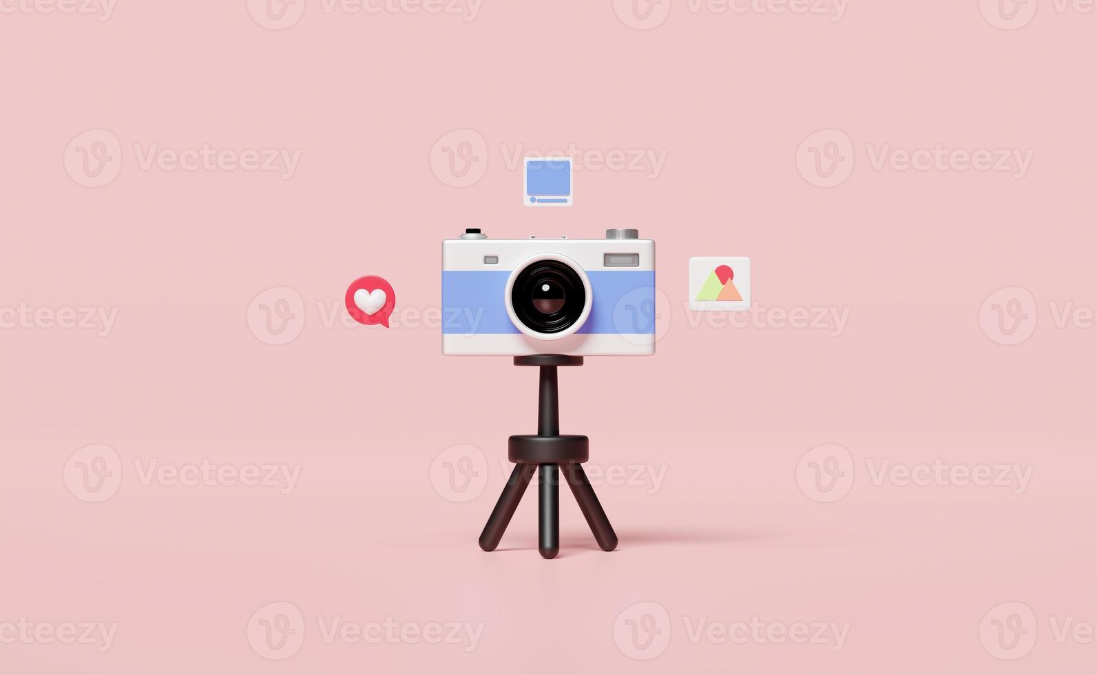 Mídia social 3D com ícones de tripé de câmera isolados em fundo rosa. transmissão ao vivo de vídeo online, aplicativos de comunicação, conceito de mensagem de notificação, ilustração de renderização 3d foto