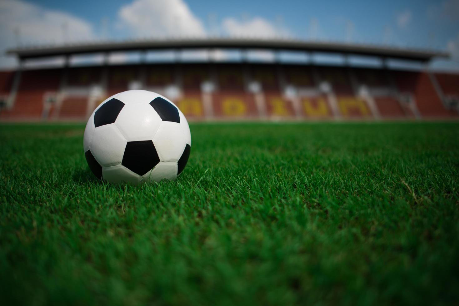 uma bola de futebol na grama com o fundo do estádio foto