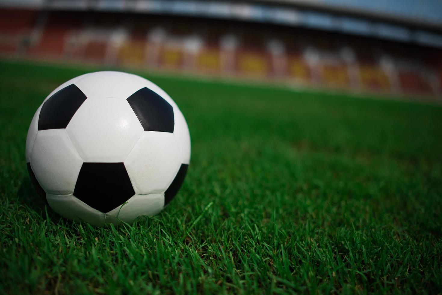 bola de futebol na grama com fundo do estádio foto
