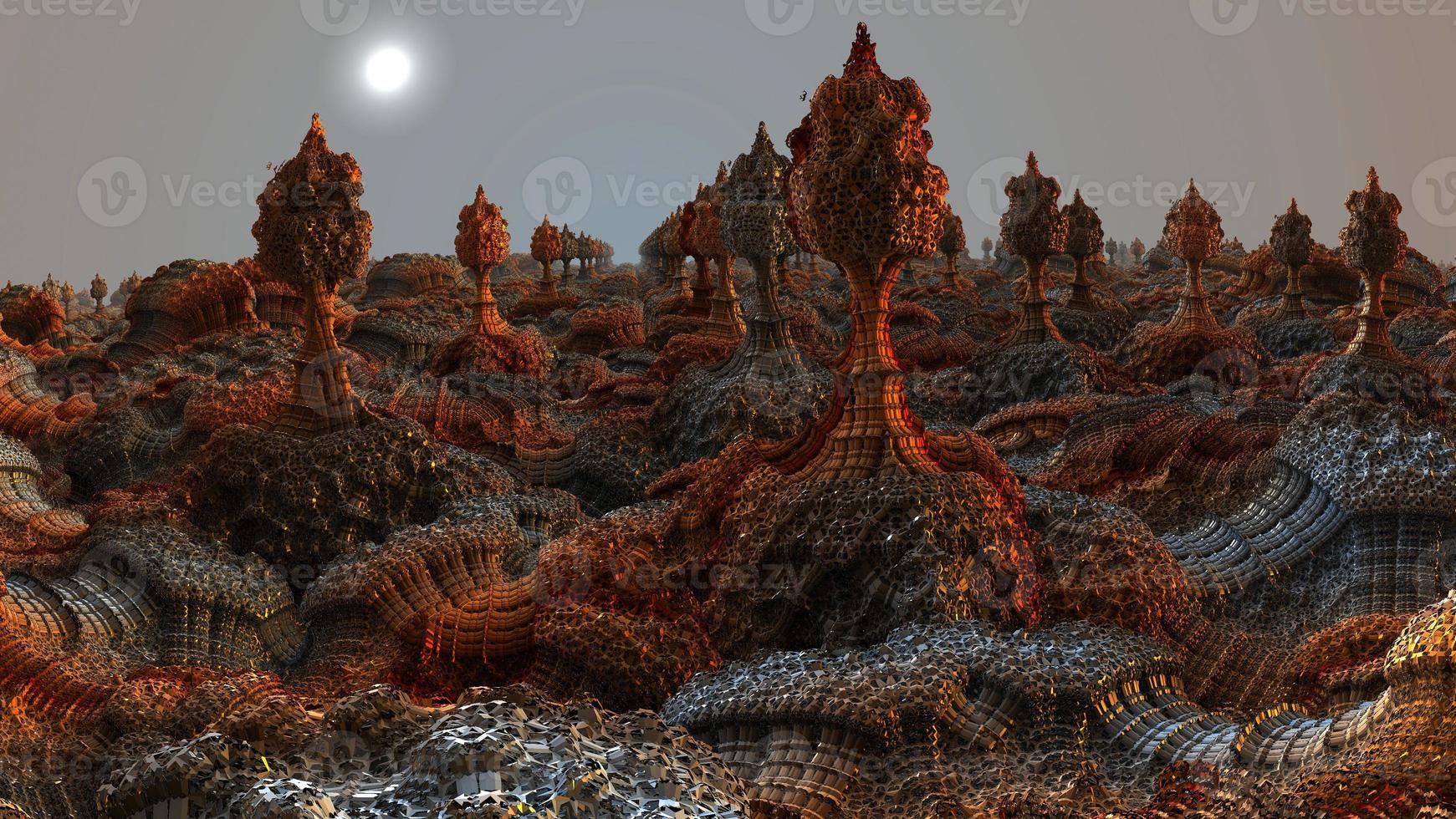 Ilustração 3D de uma bela paisagem fractal. design fractal gerado por computador abstrato. vista de outro planeta foto