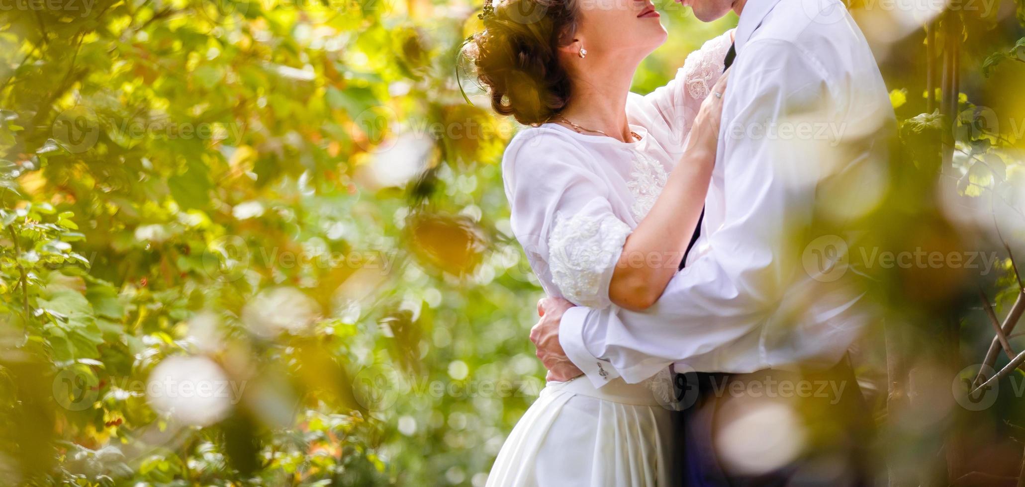 casamento de luxo casal noivos posando no parque outono foto