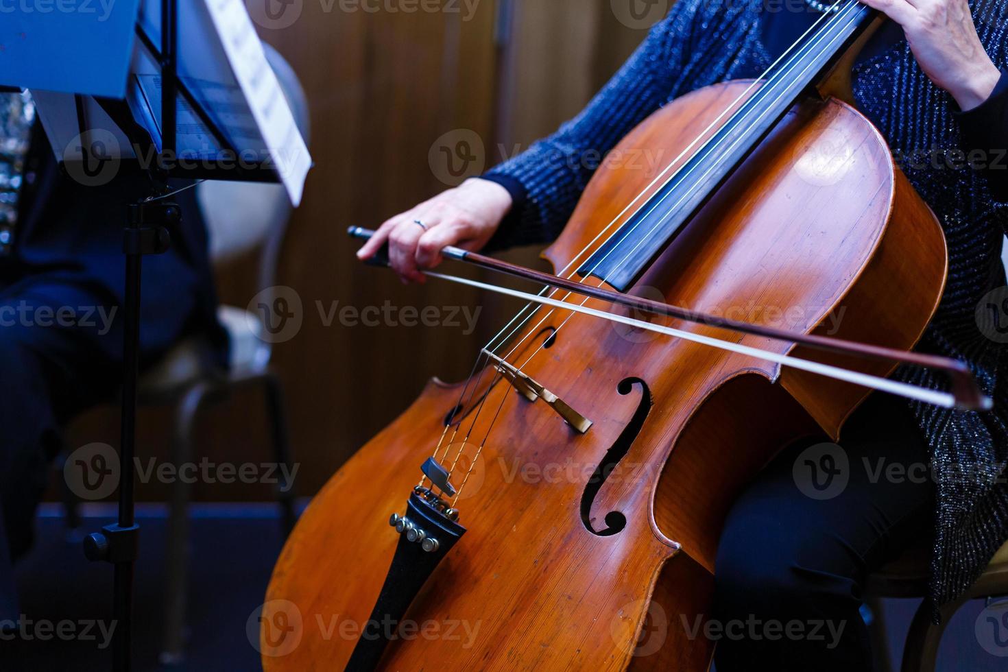 uma jovem toca violoncelo no escuro. mãos no violoncelo foto