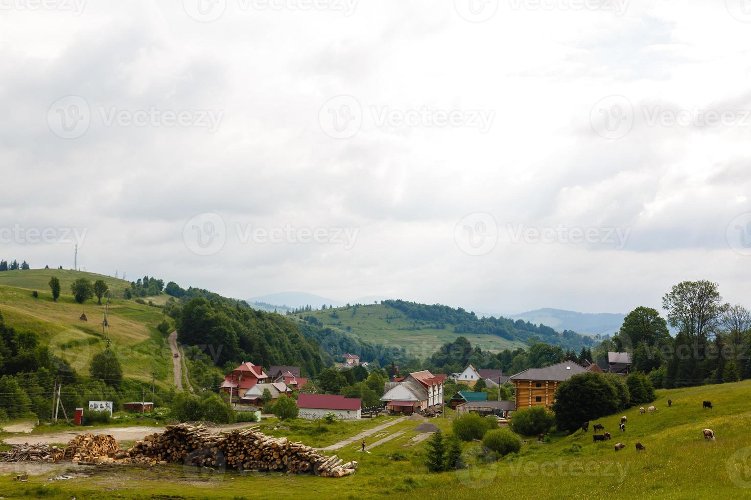 pequeno assentamento na montanha. casas, dependências e campos. foto