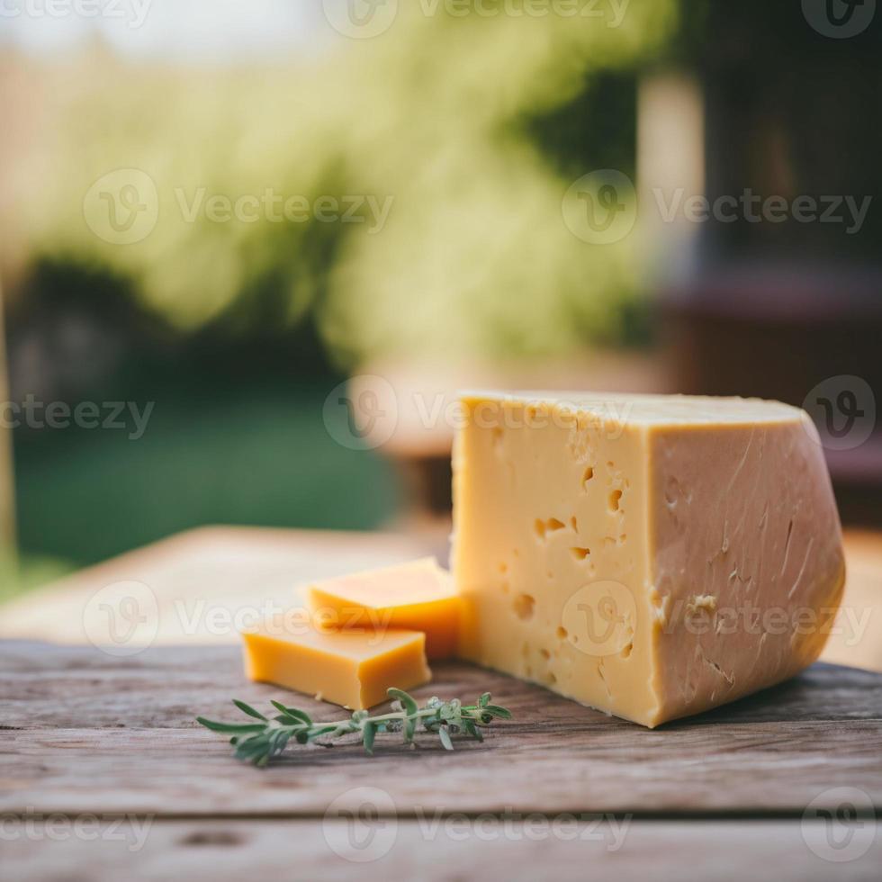 pedaço de queijo em madeira e fundo natural generativo ai foto