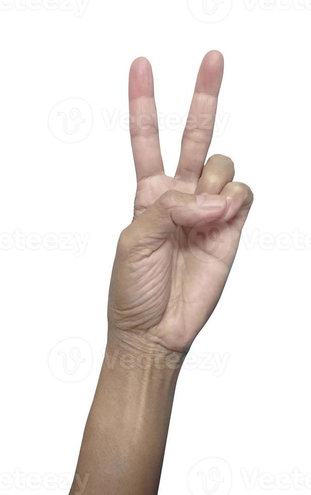 mão com sinal de vitória isolado no fundo branco, traçado de recorte incluído. foto