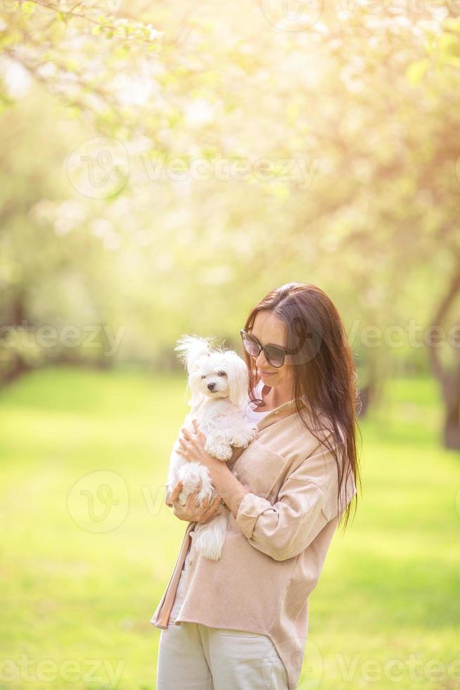 mulher brincando e abraçando cachorro no parque foto