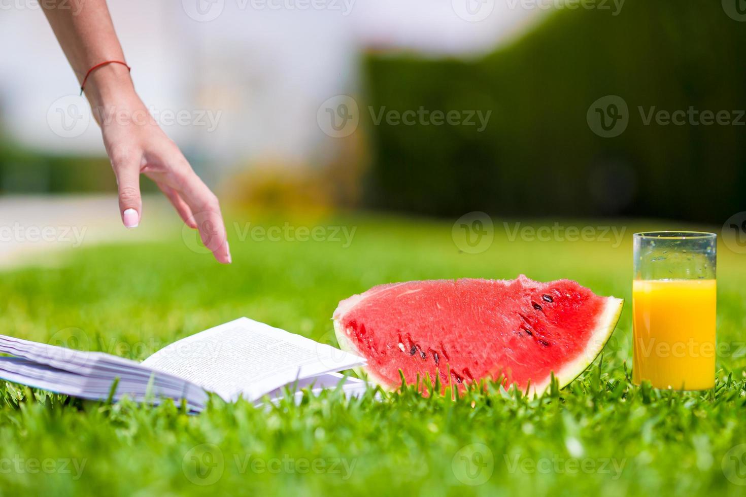 melancia fatia madura vermelha, copo de suco de laranja e livro na grama verde foto