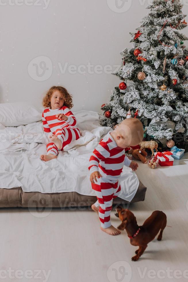 crianças de pijama vermelho e branco comem doces de natal sentados na cama. irmão e irmã, menino e menina compartilham presentes. manha de Natal. estilo de vida. espaço para texto. foto de alta qualidade