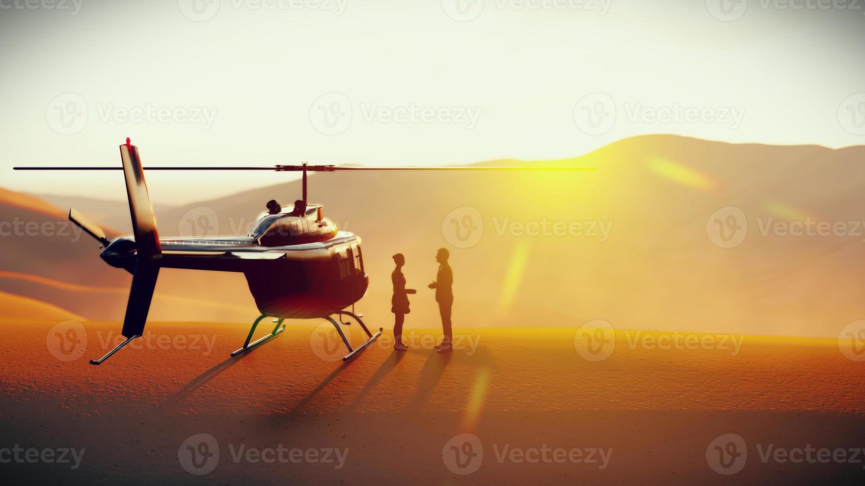 empresário de silhueta lidando com projeto fora do helicóptero, renderização em 3d. foto
