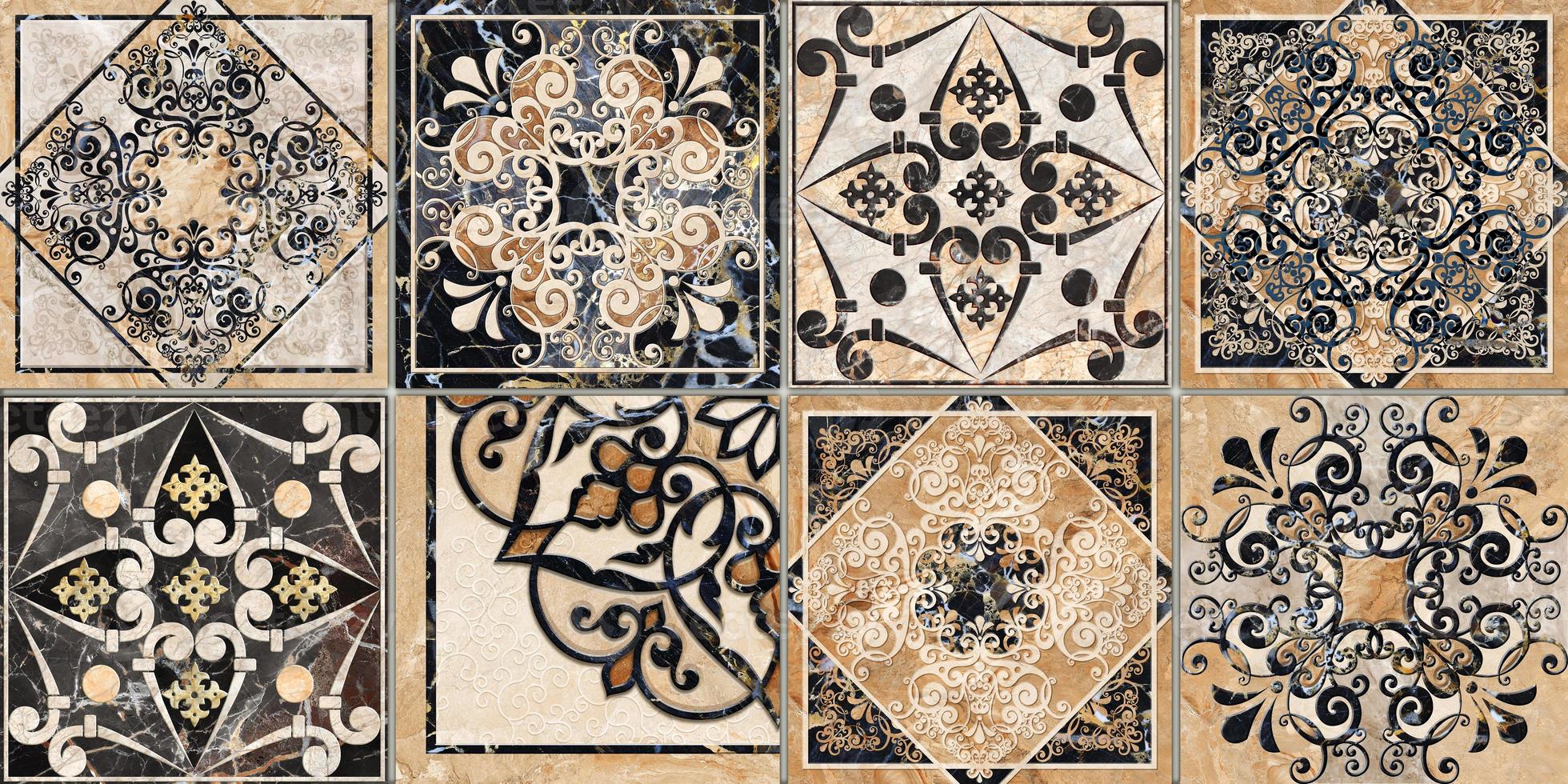 design de telhas digitais. 3D render decoração de azulejos de parede de cerâmica colorida. padrão sem emenda de retalhos de damasco abstrato com ornamentos geométricos e florais, detalhes intrincados de azulejos vintage foto