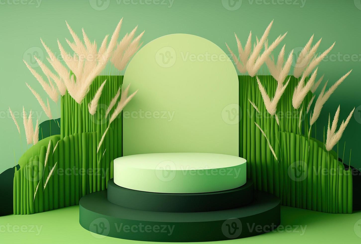 renderização 3d realista do pódio com pano de fundo grama verde foto