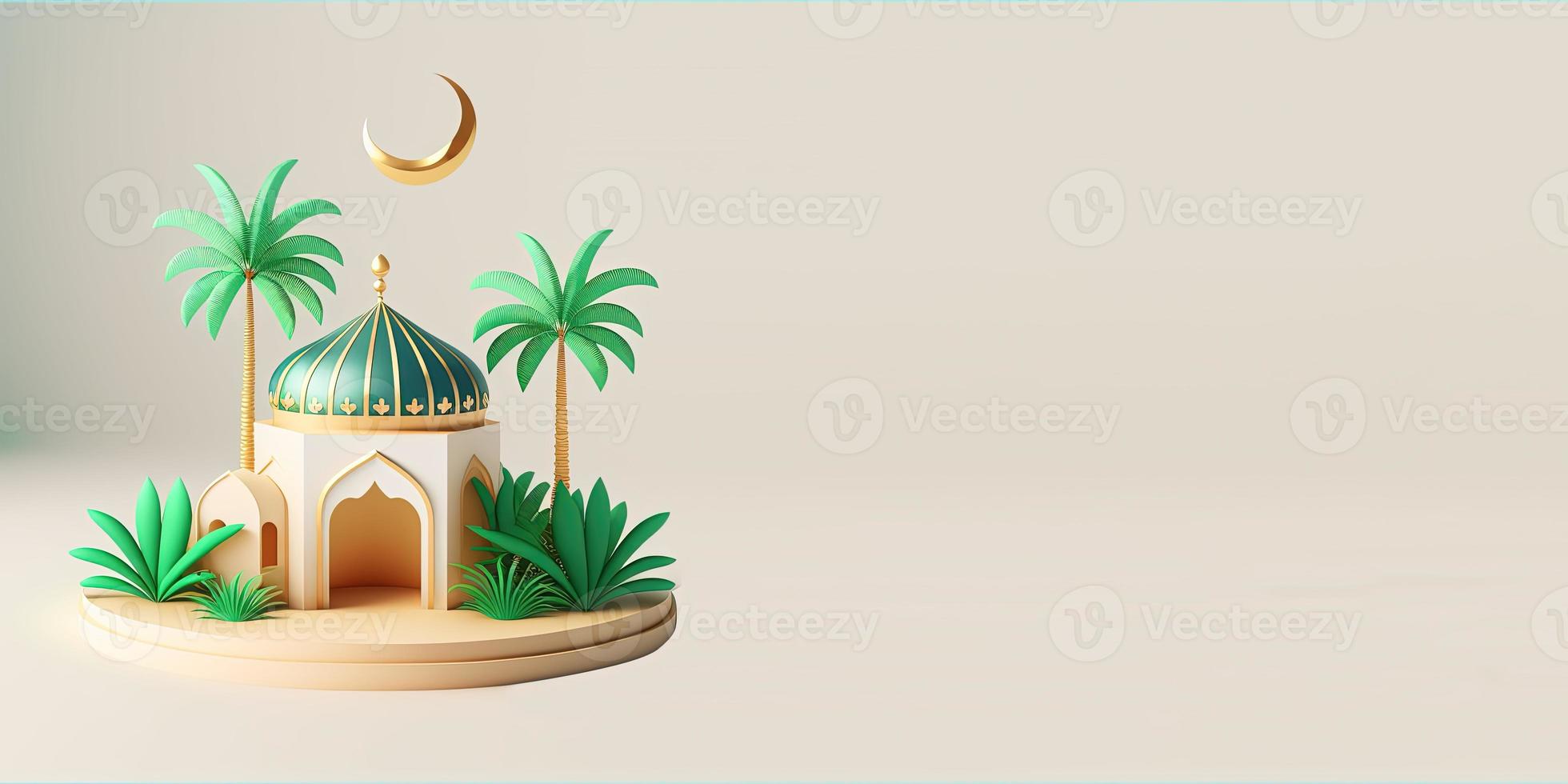 saudação do ramadã com ilustração de mesquita 3d e palmeiras foto