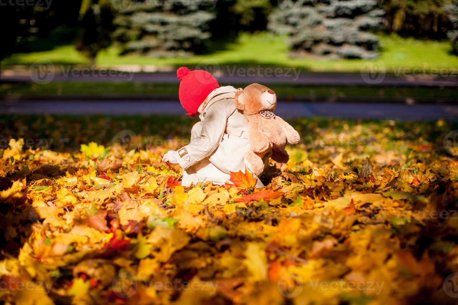 menina adorável com uma mochila-urso caminha na floresta de outono em lindo dia ensolarado foto