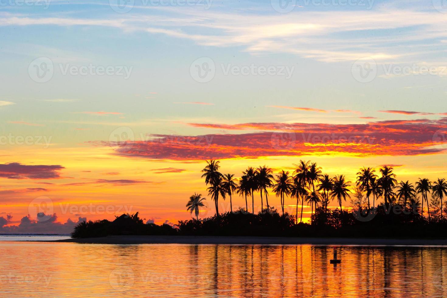 silhuetas escuras de palmeiras e incrível céu nublado no pôr do sol na ilha tropical no Oceano Índico foto