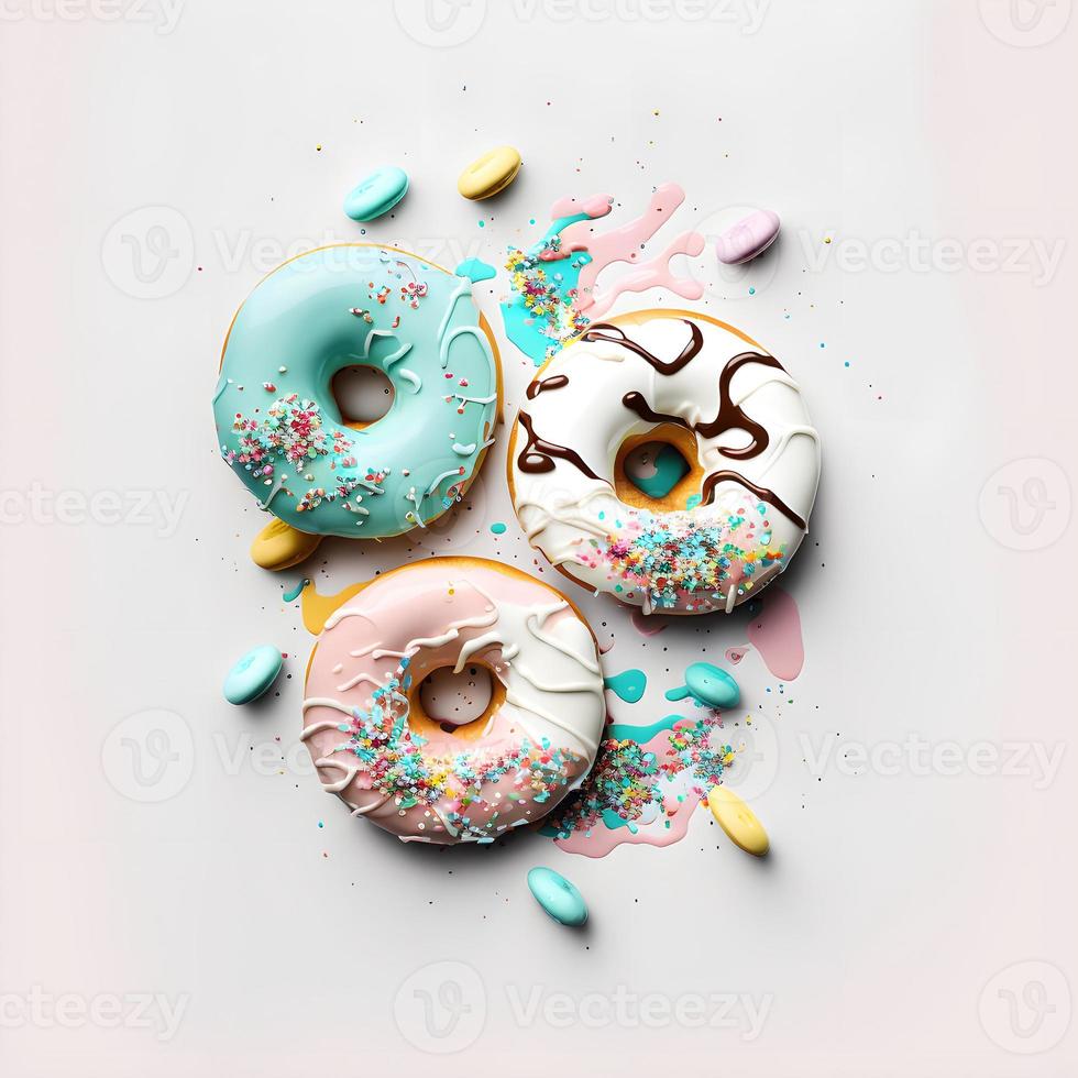 rosquinhas em fundo branco, perfeito para publicidade, embalagens, menus, livros de receitas. destacando textura e detalhes, filmado de cima, alta resolução adequada para impressão, pôsteres, banners e muito mais foto