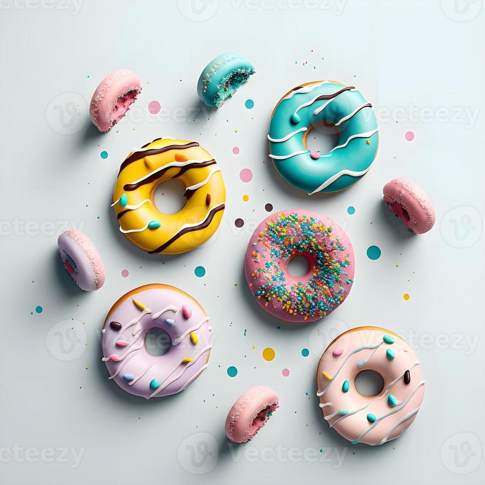 rosquinhas em fundo branco, perfeito para publicidade, embalagens, menus, livros de receitas. destacando textura e detalhes, filmado de cima, alta resolução adequada para impressão, pôsteres, banners e muito mais foto