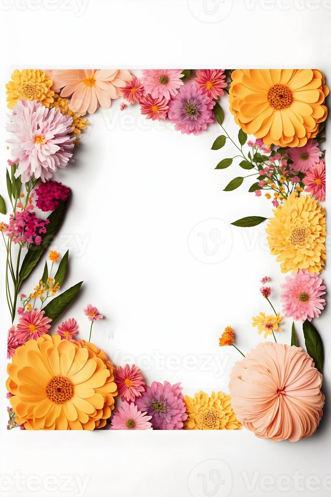 foto de fundo floral de vista superior com bastante espaço para cópia, perfeita para planos de fundo de sites, postagens de mídia social, publicidade, embalagens, etc. flores vibrantes, vegetação exuberante, profundidade de campo rasa.