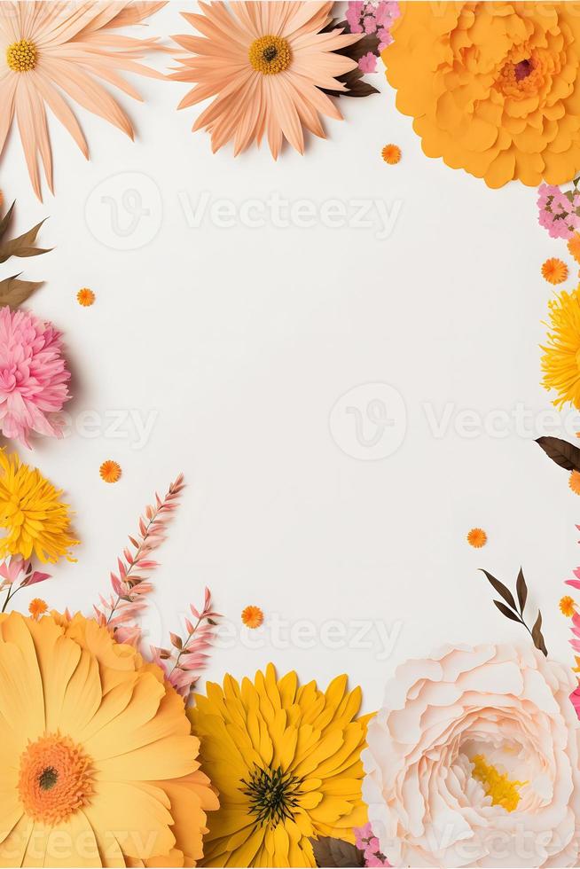 foto de fundo floral de vista superior com bastante espaço para cópia, perfeita para planos de fundo de sites, postagens de mídia social, publicidade, embalagens, etc. flores vibrantes, vegetação exuberante, profundidade de campo rasa.