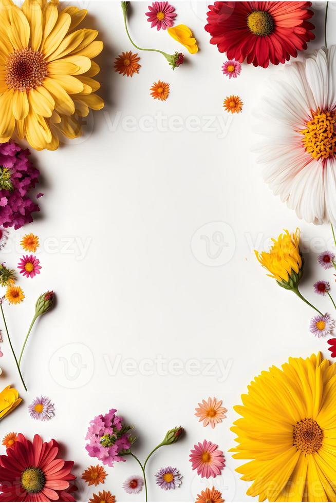 foto de fundo floral de vista superior com bastante espaço para cópia, perfeita para planos de fundo de sites, postagens de mídia social, publicidade, embalagens, etc. flores vibrantes, vegetação exuberante, profundidade de campo rasa.