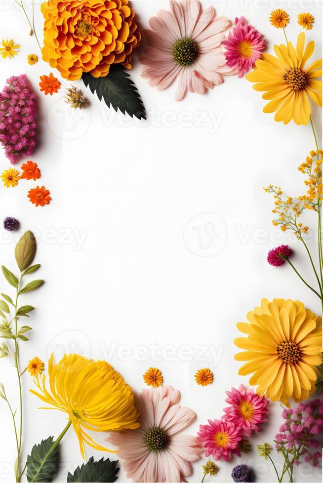 foto de fundo floral de vista superior com bastante espaço para cópia, perfeita para planos de fundo de sites, postagens de mídia social, publicidade, embalagens, etc. flores vibrantes, vegetação exuberante, profundidade de campo rasa.