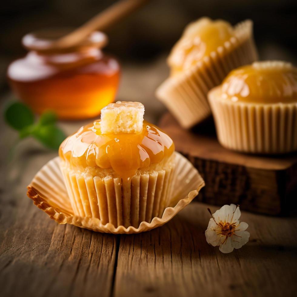 cupcakes de mel e caramelo com creme em imagens de ilustração de mesa de madeira geradas por ai foto