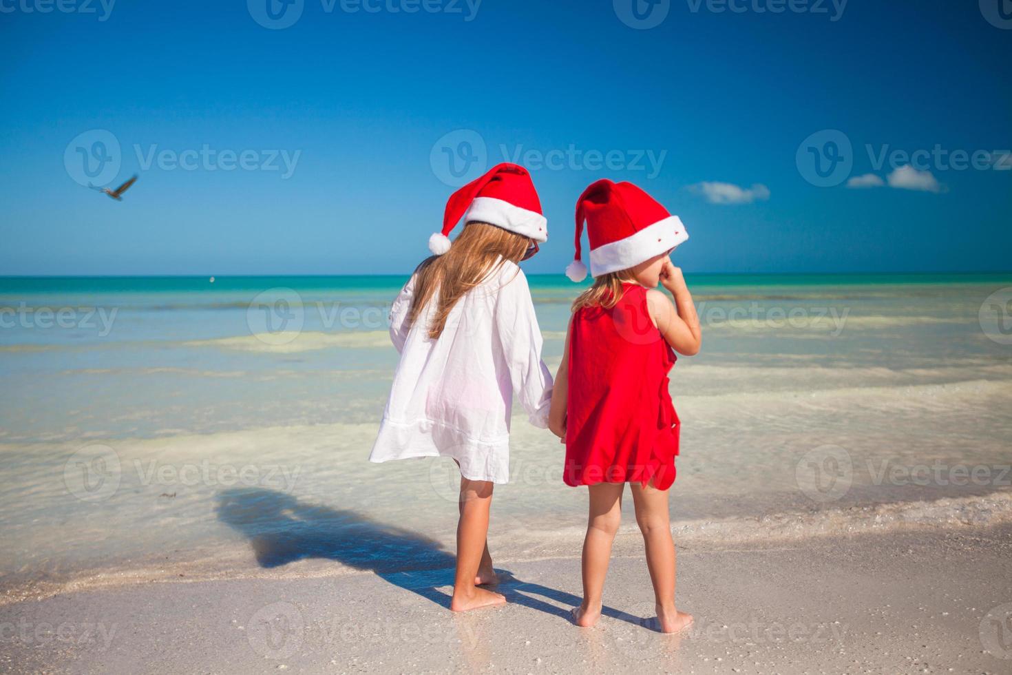 vista traseira de meninas bonitas em chapéus de natal na praia exótica foto