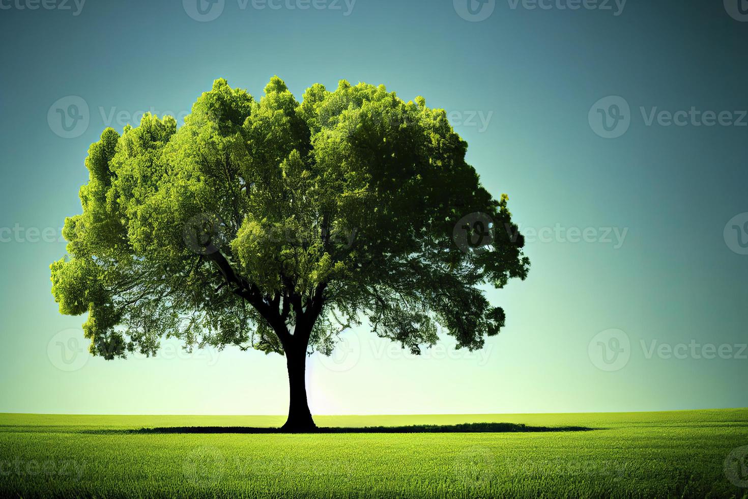 campo verde, árvore e céu azul ótimo como pano de fundo foto