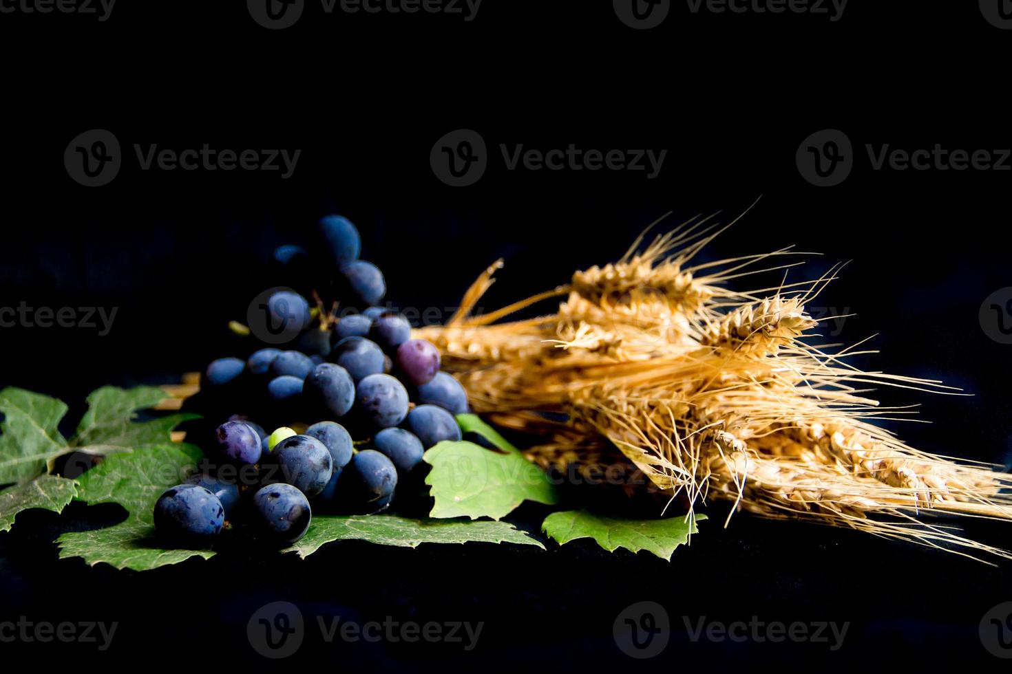 pão de uvas de trigo e coroa de espinhos em fundo preto como um símbolo do cristianismo foto