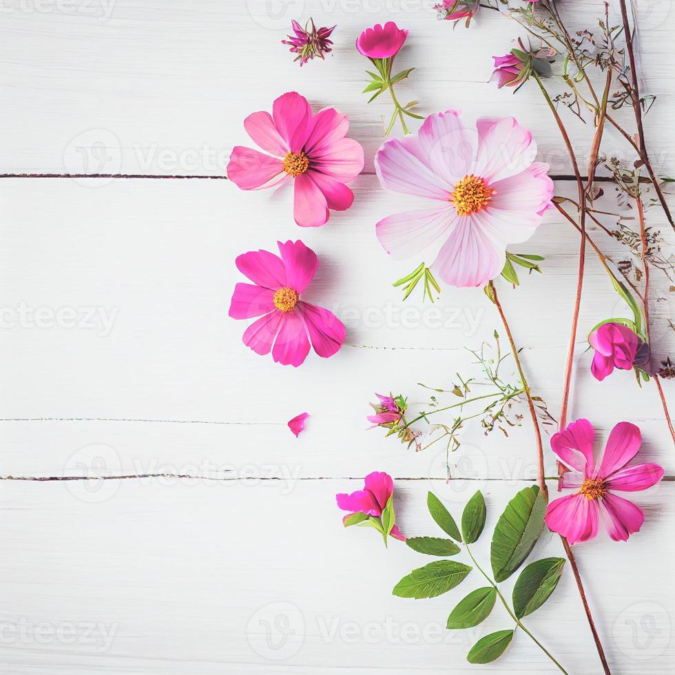 lindas flores cor de rosa em fundo branco de madeira, conceito de dia dos namorados com espaço de cópia foto