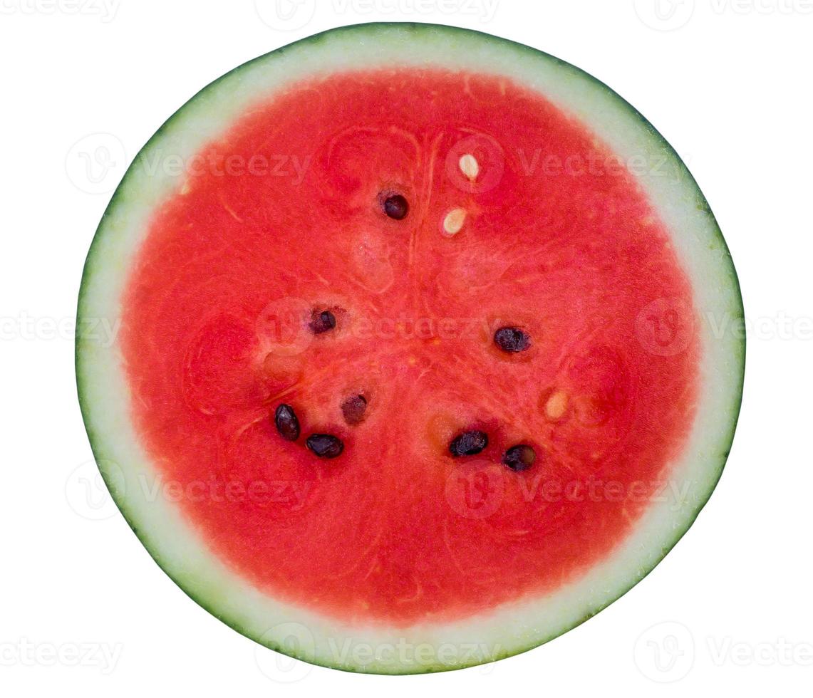 vista superior e foto de perto da metade da melancia vermelha madura fresca isolada no fundo branco com traçado de recorte, conceito de alimentação saudável de frutas orgânicas