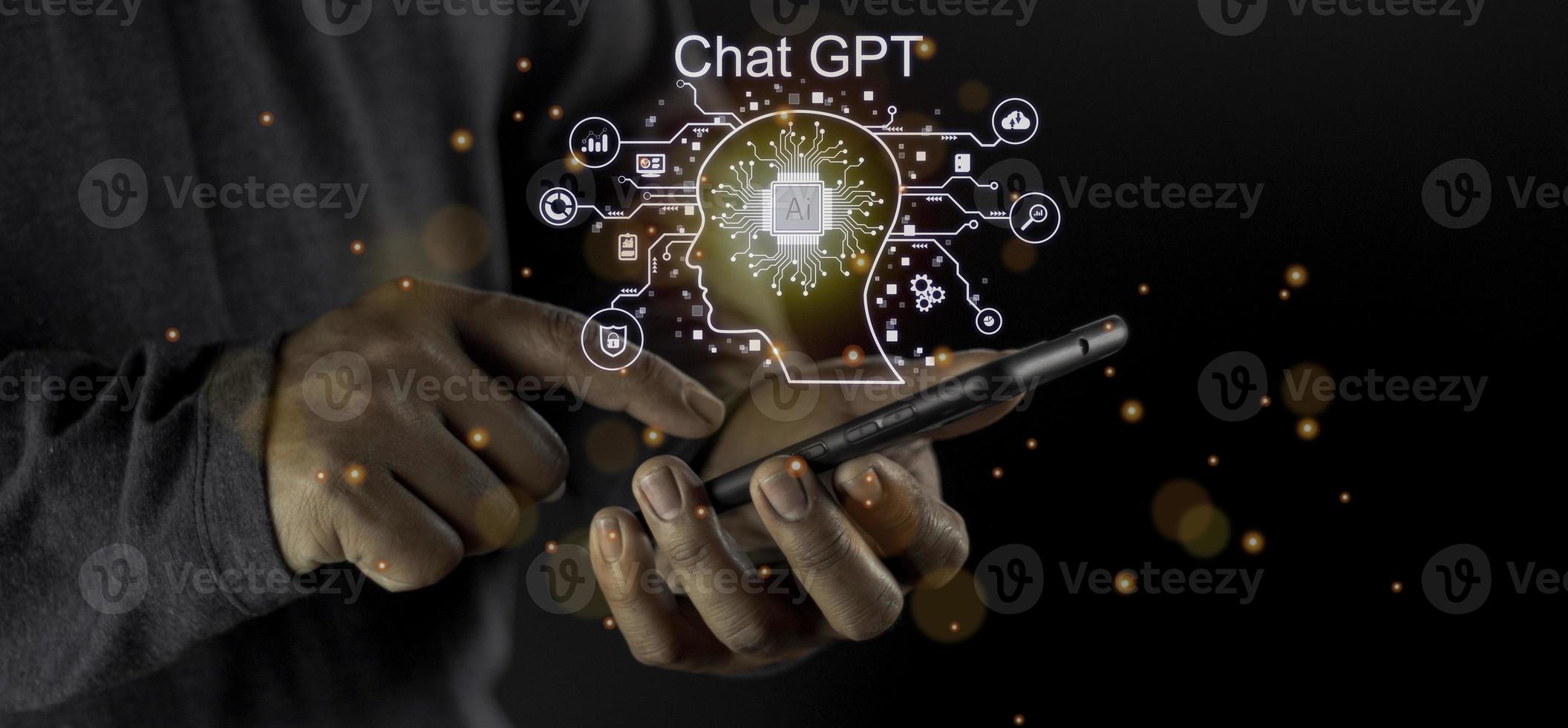 empresário segurando luz ícone gpt inteligência ai.chat gpt bate-papo com inteligência artificial ai, bate-papo gerar. tecnologia futurista, robô no sistema online. foto