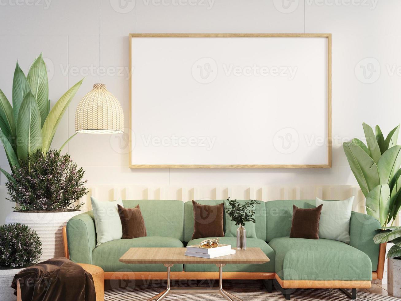 maquete de moldura de cartaz no interior da sala de estar escandinava de parede foto