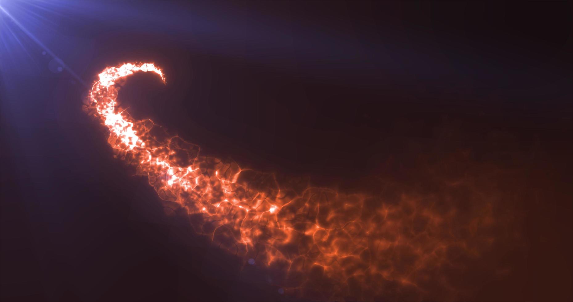 linha brilhante mágica abstrata voadora de partículas energéticas de fogo laranja nos raios de um sol brilhante em um fundo escuro. fundo abstrato foto