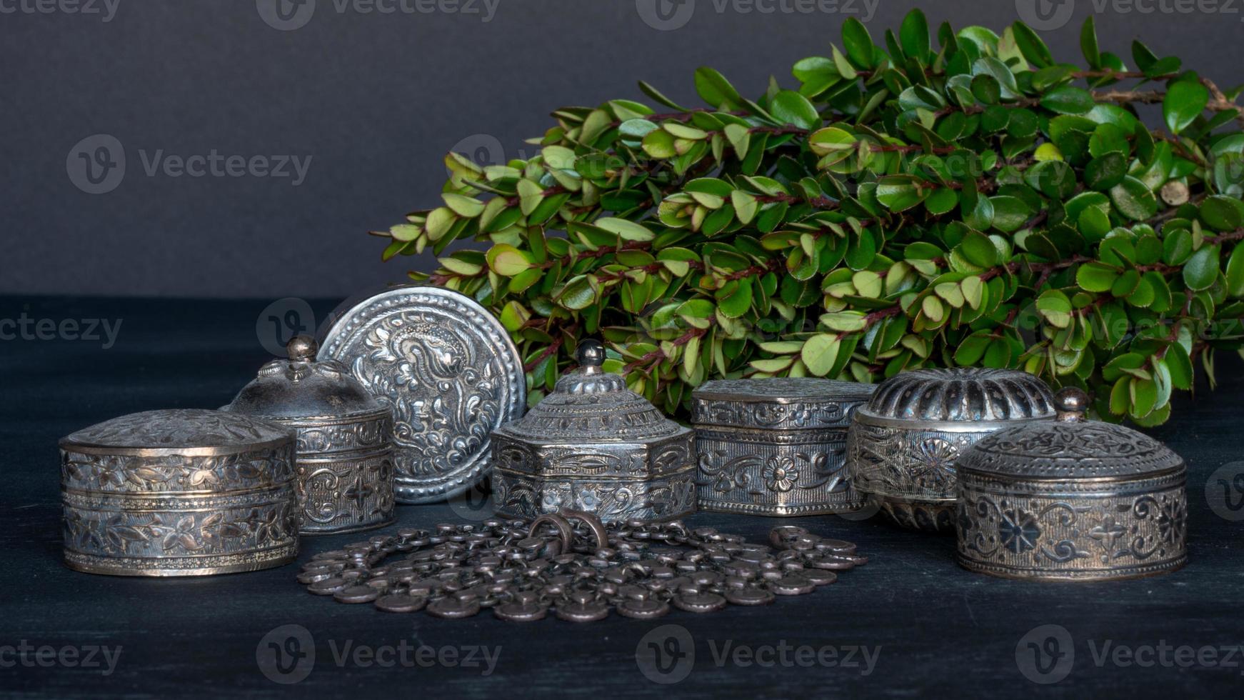 uma coleção de prata omani em um fundo escuro com um raminho de vegetação. foto